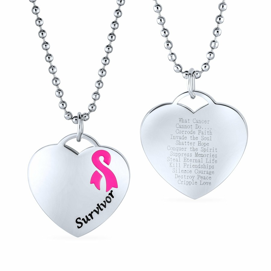 Shop Women Bling Jewelry Engravable Bracelets | Heart Tag Breast Cancer Survivor Stretch Bracelet Pendant Steel