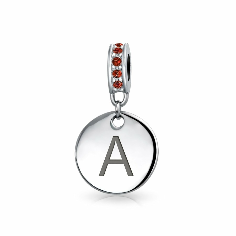 Shop Women Bling Jewelry Engravable Charms | Red Crystal Alphabet Initials Disc Dangle Circle Charm Bead .925 Silver