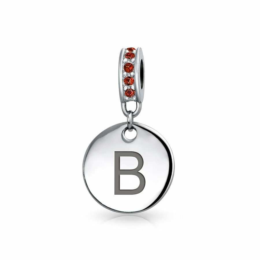 Shop Women Bling Jewelry Engravable Charms | Red Crystal Alphabet Initials Disc Dangle Circle Charm Bead .925 Silver