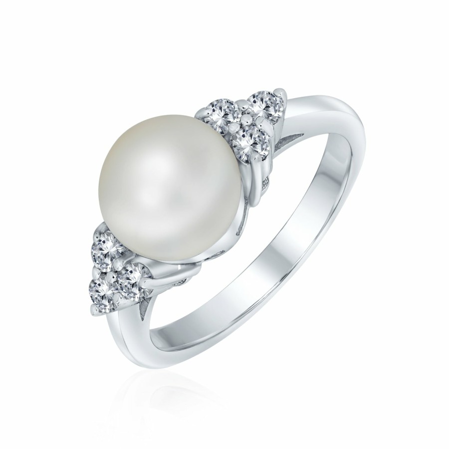 Shop Women Bling Jewelry Engravable Rings | Cz Side Stone White Freshwater Pearl Engagement Ring .925 Silver