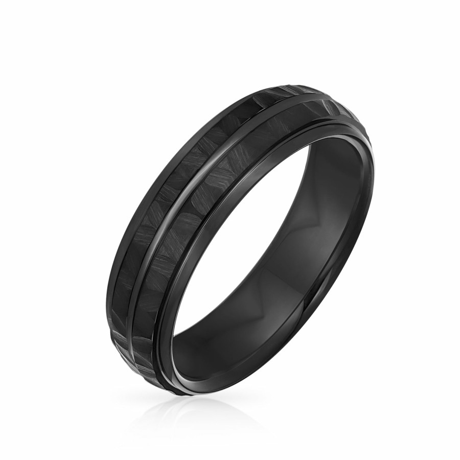 Shop Women Bling Jewelry Wedding Bands | Grooved Solid Hammered Wedding Band Titanium Rings For Men 6Mm Black