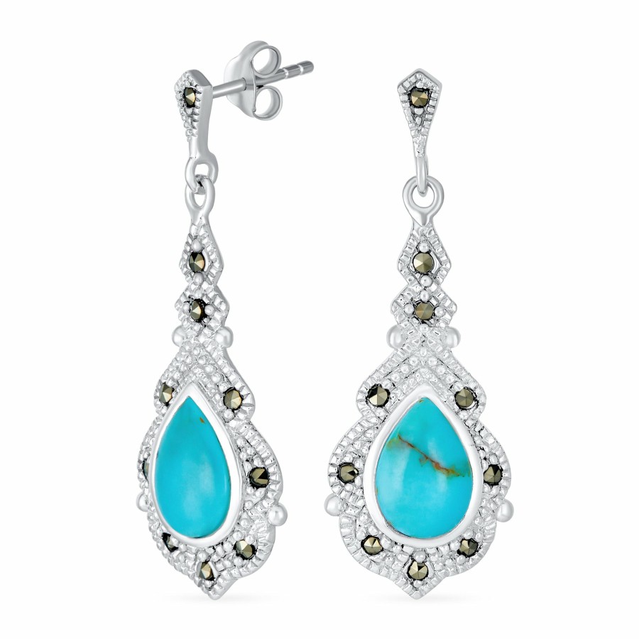 Shop Women Bling Jewelry Dangle Drop Earrings | Vintage Teardrop Turquoise Marcasite Dangle Western Earrings Silver