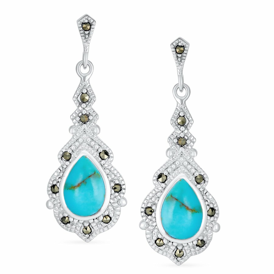 Shop Women Bling Jewelry Dangle Drop Earrings | Vintage Teardrop Turquoise Marcasite Dangle Western Earrings Silver