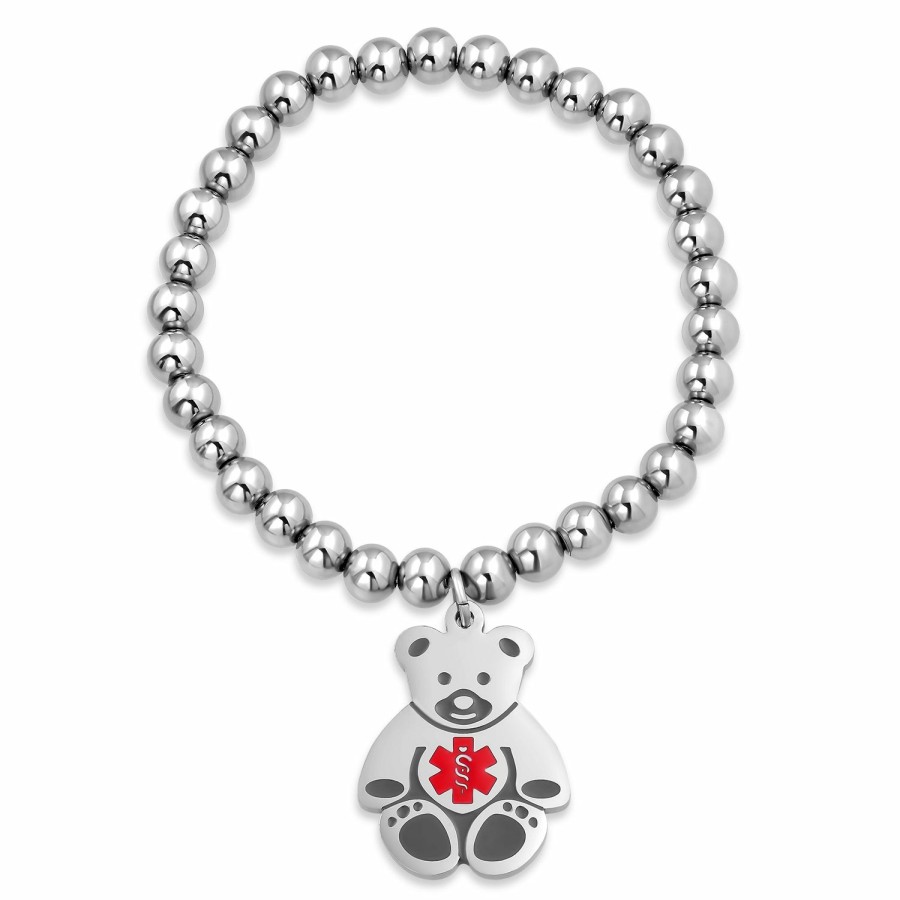 Shop Women Bling Jewelry | Personalize Medical Alert Id Stretch Bead Bracelet Teddy Bear Tag