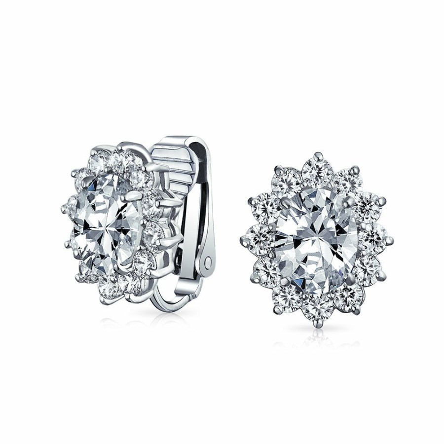 Shop Women Bling Jewelry Clip On Earrings | Oval Halo Crown Cz Stud Statement Prom Clip On Earring Silver Plated