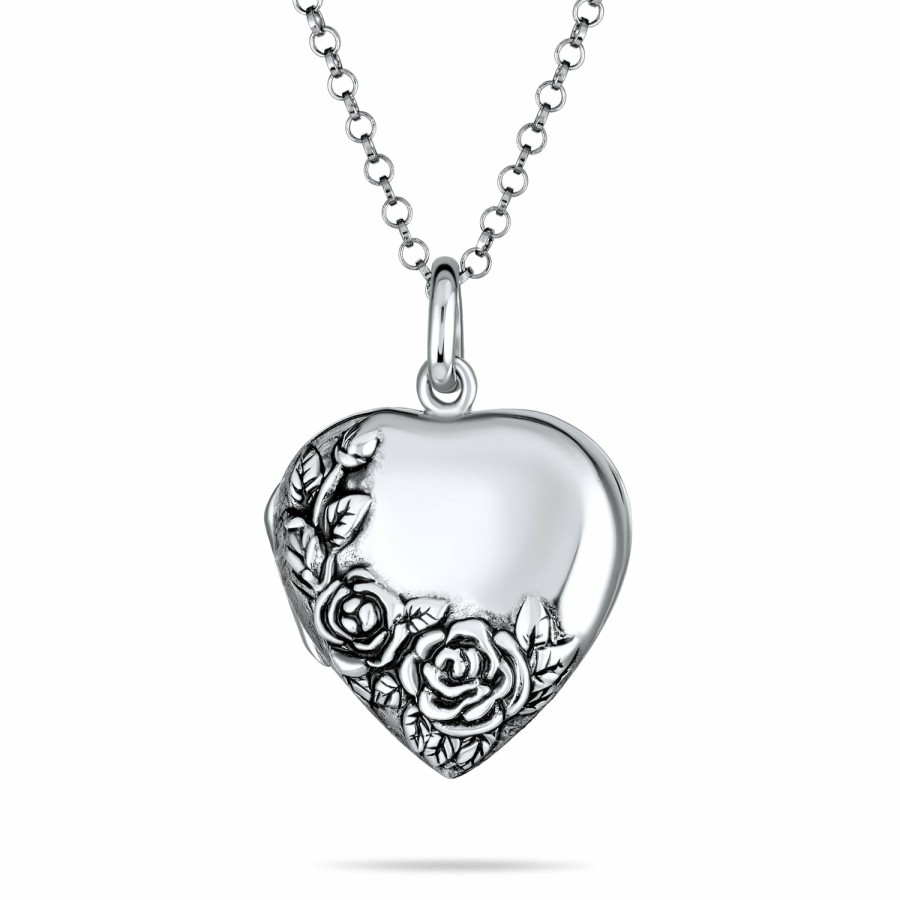 Shop Women Bling Jewelry Engravable Necklaces | Carved Flower Roses Photo Heart Shape Locket Hold Pictures .925 Silver