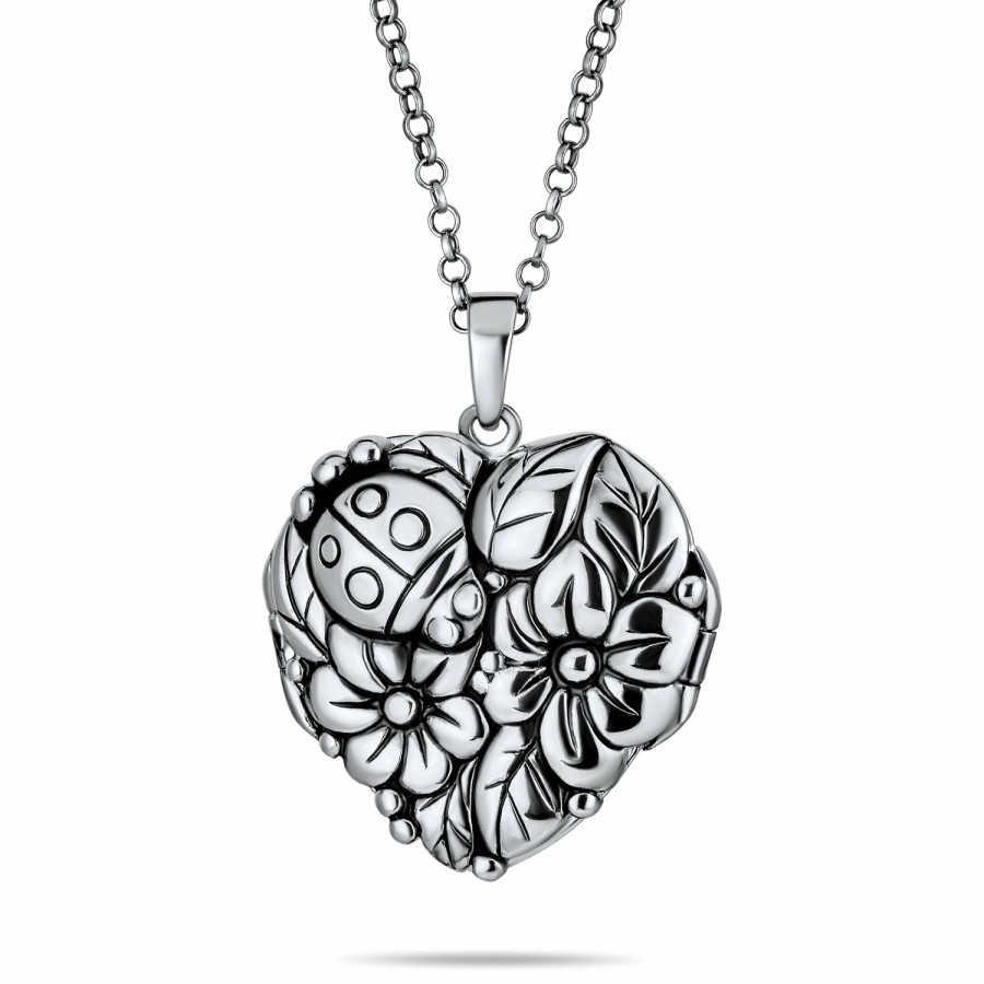 Shop Women Bling Jewelry Engravable Necklaces | Carved Flower Roses Photo Heart Shape Locket Hold Pictures .925 Silver