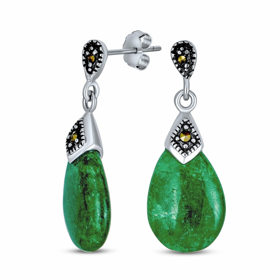 Shop Women Bling Jewelry Dangle Drop Earrings | Boho Green Jade Marcasite Teardrop Dangle Earrings .925 Sterling Silver