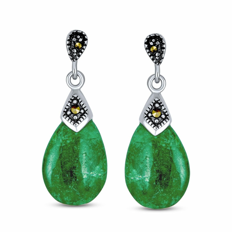 Shop Women Bling Jewelry Dangle Drop Earrings | Boho Green Jade Marcasite Teardrop Dangle Earrings .925 Sterling Silver