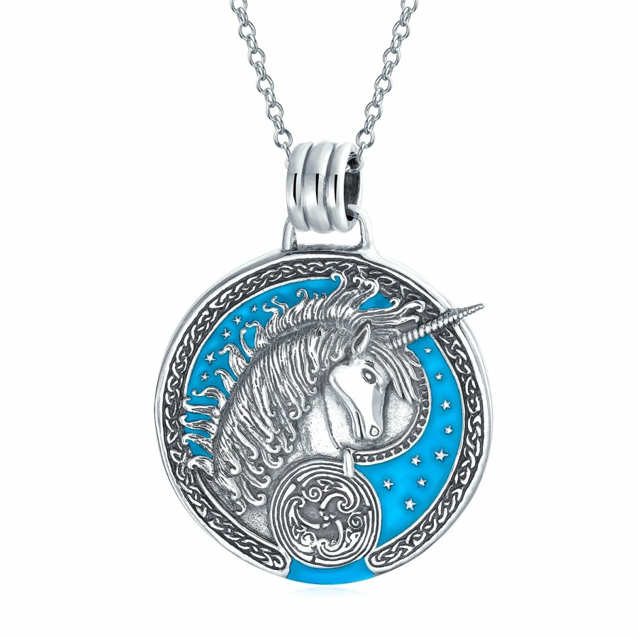 Shop Women Bling Jewelry Pendant Necklaces | Celestial Unicorn Crescent Moon Sun Medallion Pendant Necklace Silver