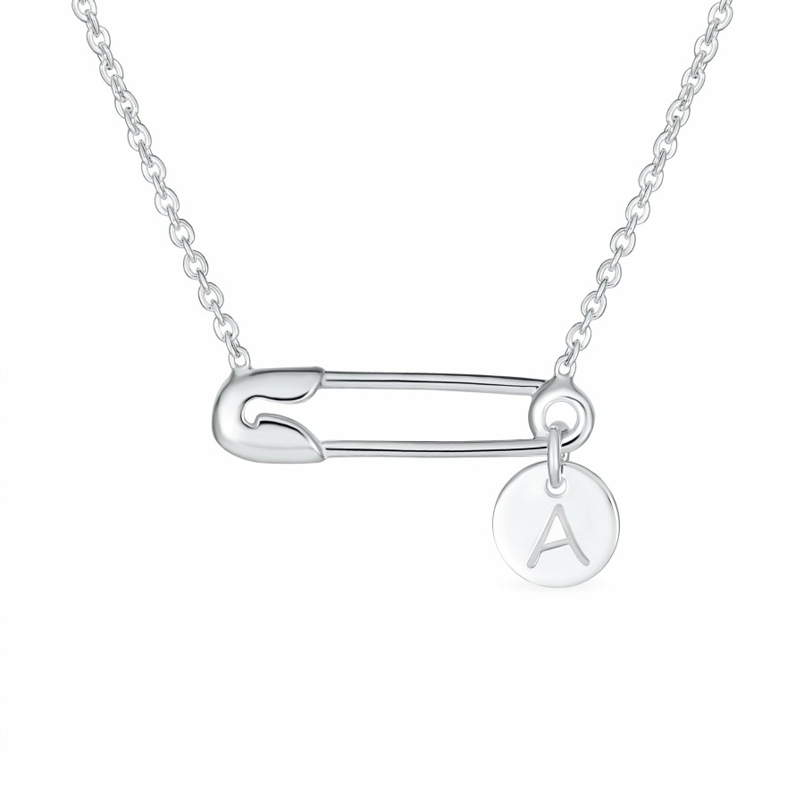 Shop Women Bling Jewelry Delicate Pendant Necklaces | Initial Sideways Safety Pin Circle Disc Necklace .925Sterling