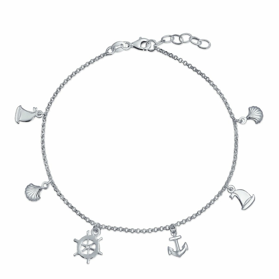 Shop Women Bling Jewelry Charm Bracelets | Charm Dangle Anchor Sailboat Ship Wheel Anklet .925 Sterling Silver