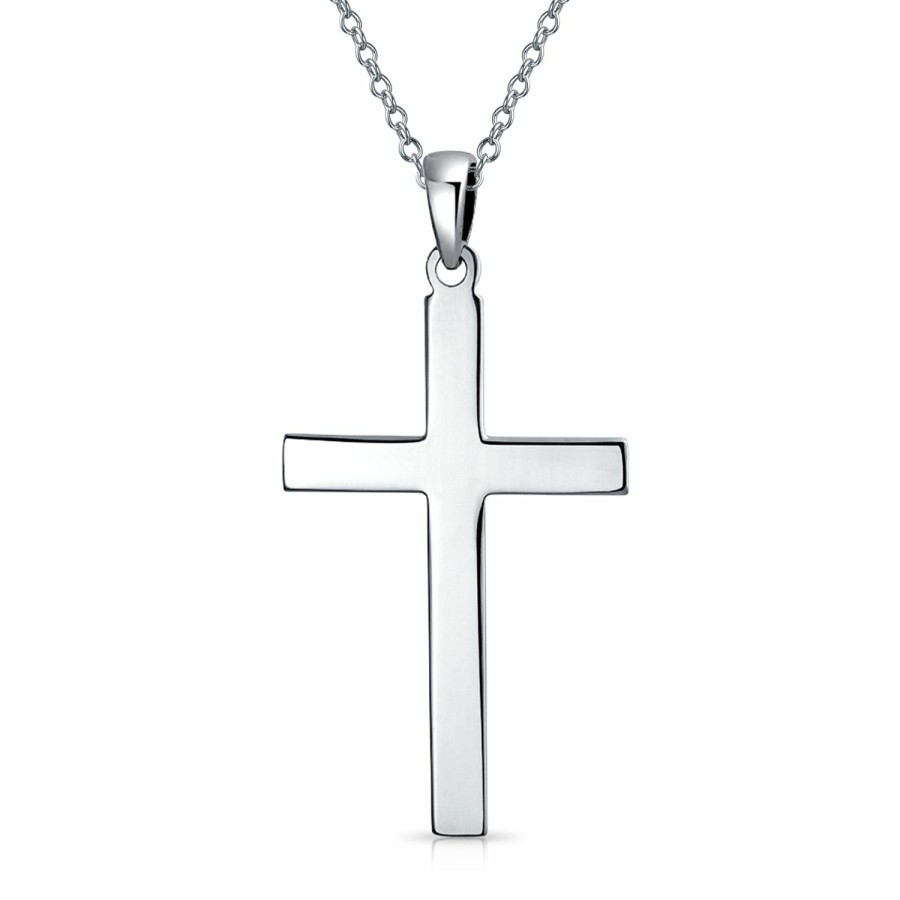 Shop Men Bling Jewelry Mens Engravable Necklaces | Unisex Large Plain Basic Religious Jesus Cross Pendant Necklace Sterling