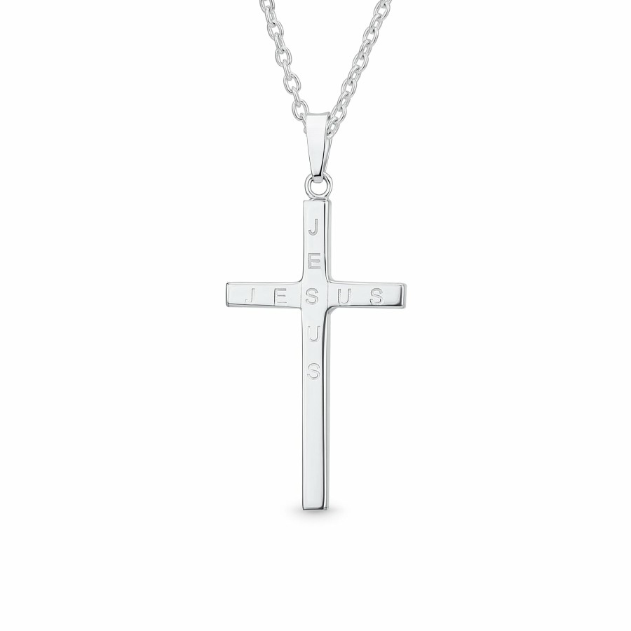 Shop Men Bling Jewelry Mens Engravable Necklaces | Unisex Large Plain Basic Religious Jesus Cross Pendant Necklace Sterling