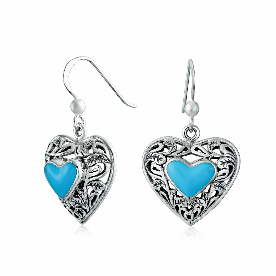 Shop Women Bling Jewelry Dangle Drop Earrings | Gemstone Scroll Filigree Turquoise Heart Dangle Earrings .925 Silver