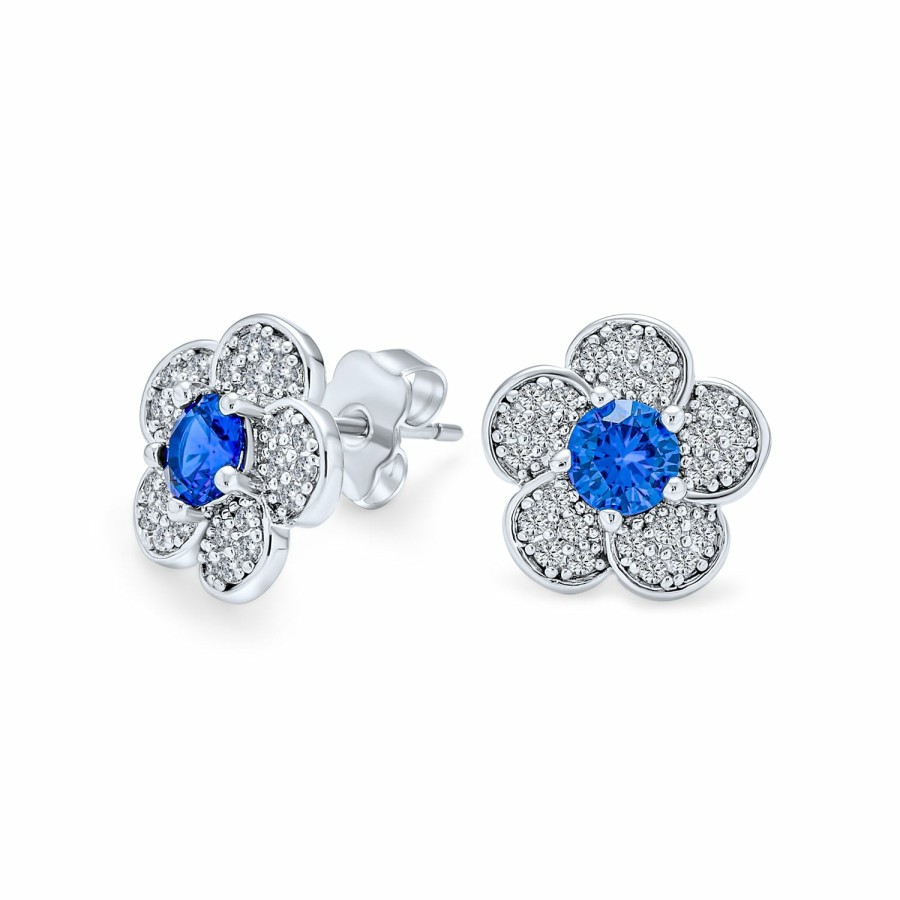 Shop Women Bling Jewelry Stud Earrings | Flower Petals Pave Cz Stud Earrings Imitation Sapphire Silver Plated