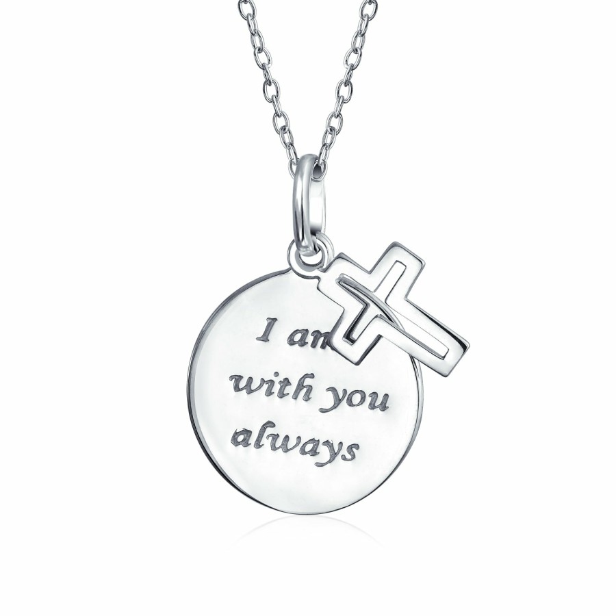 Shop Women Bling Jewelry Engravable Necklaces | I Am With You Word Quote Circle Cross Pendant Necklace .925 Silver