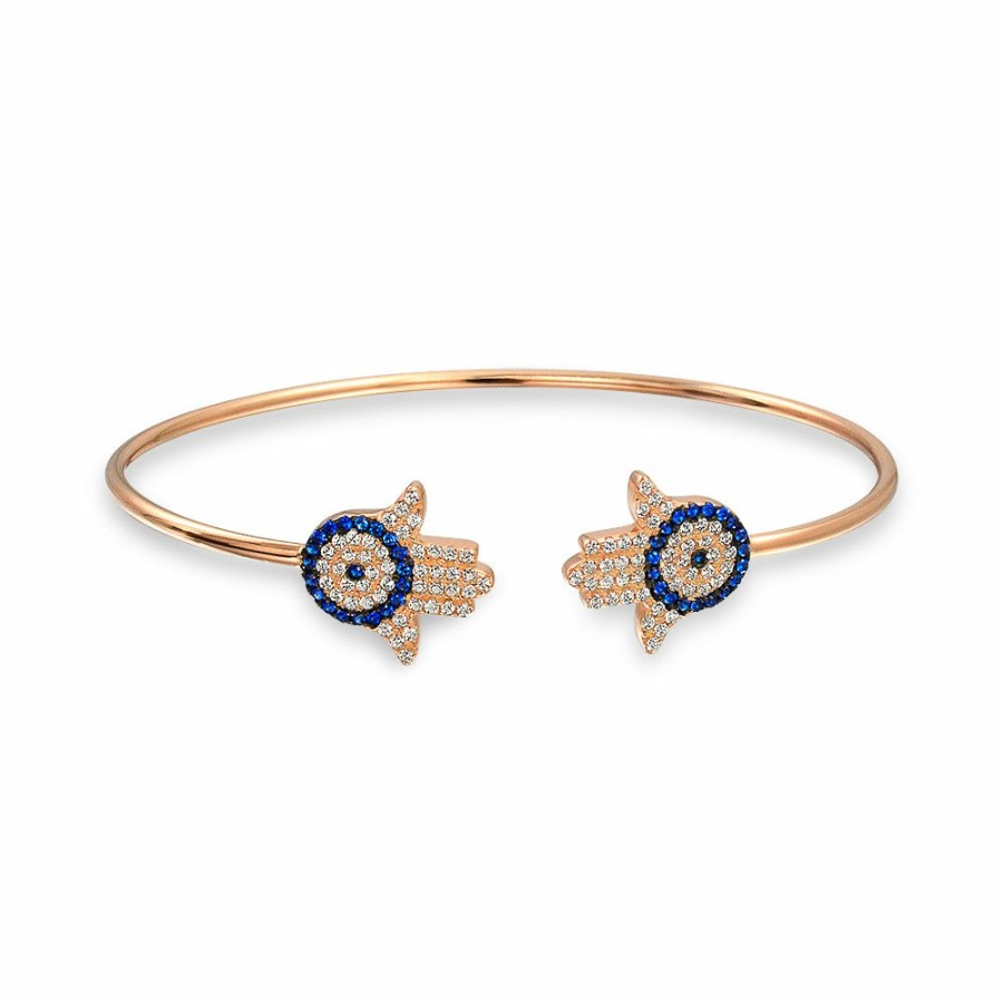 Shop Women Bling Jewelry Delicate Bracelets | Hamsa Hand Evil Eye Bangle Cuff Bracelet Rose Gold Plated Sterling