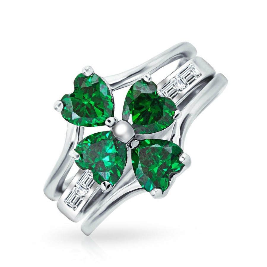 Shop Women Bling Jewelry Unique Rings | Leaf Green Cz Flower Shamrock Clover Ring Set .925 Sterling Silver