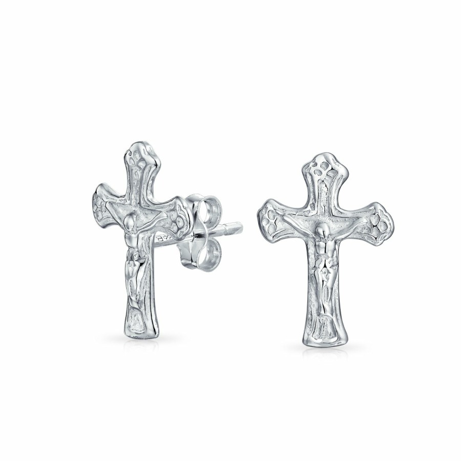 Shop Men Bling Jewelry Mens Earrings | Catholic Crucifix Cross Stud Earrings Communion .925 Sterling Silver