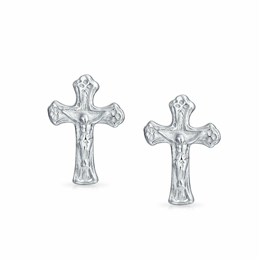 Shop Men Bling Jewelry Mens Earrings | Catholic Crucifix Cross Stud Earrings Communion .925 Sterling Silver