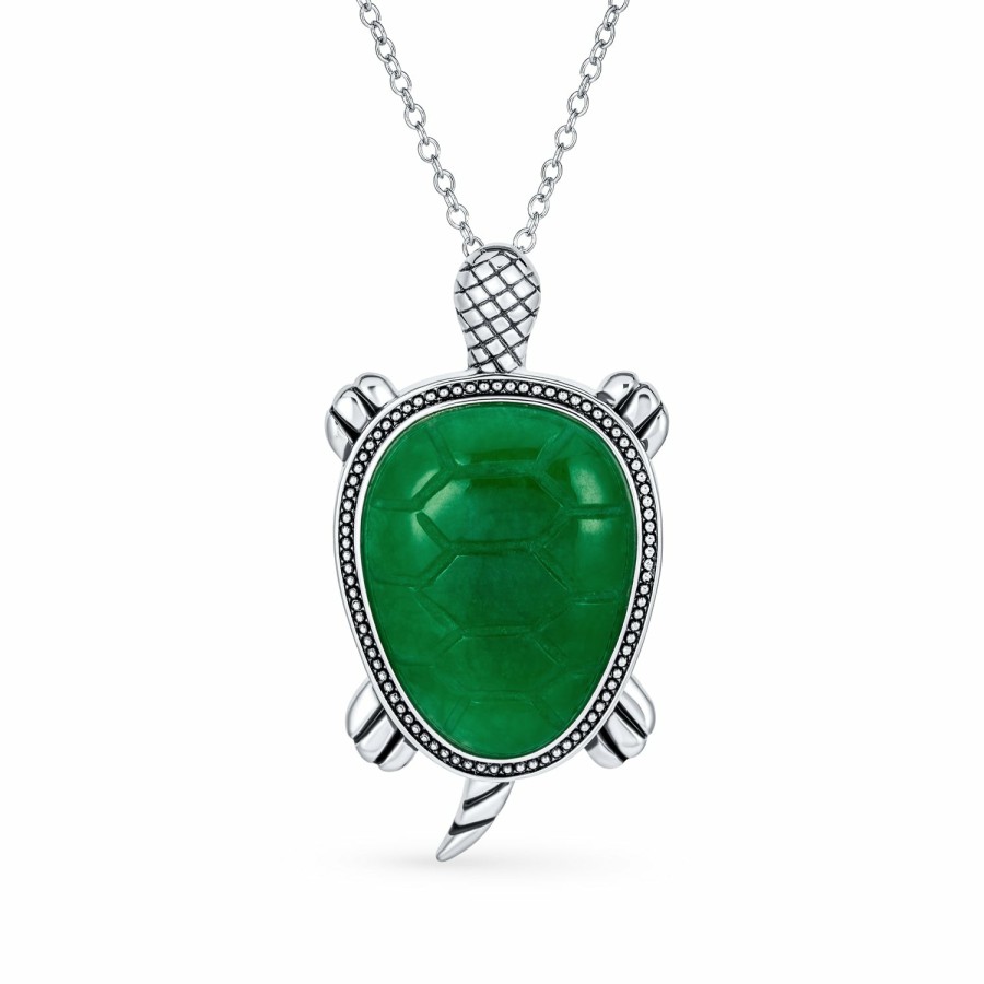 Shop Women Bling Jewelry Pendant Necklaces | Large Pendant Green Jade Turtle Station Necklace .925Sterling Silver