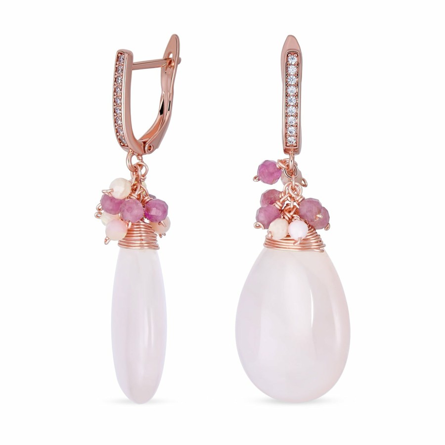 Shop Women Bling Jewelry Dangle Drop Earrings | Pink Rose Quartz Teardrop Bead Accent Drop Earrings Rose Gold Plated