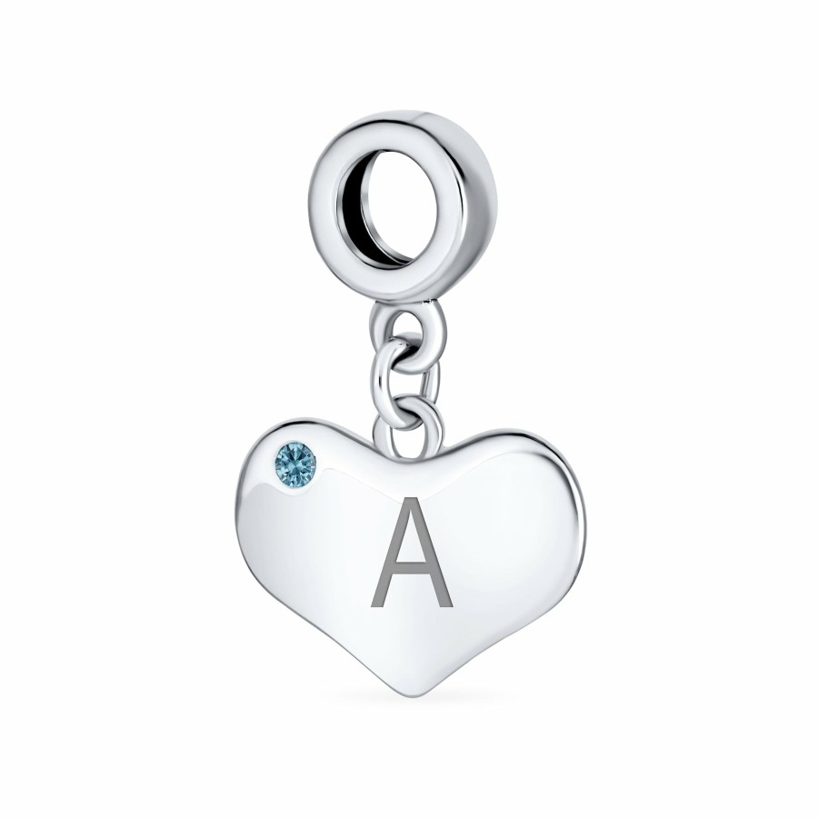 Shop Women Bling Jewelry Engravable Charms | Blue Topaz Crystal Accent Heart Shaped Dangle Bead Charm .925 Silver