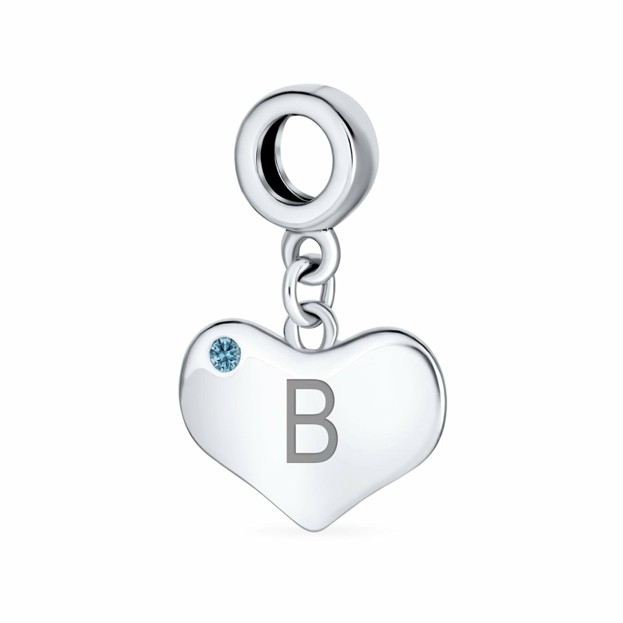 Shop Women Bling Jewelry Engravable Charms | Blue Topaz Crystal Accent Heart Shaped Dangle Bead Charm .925 Silver