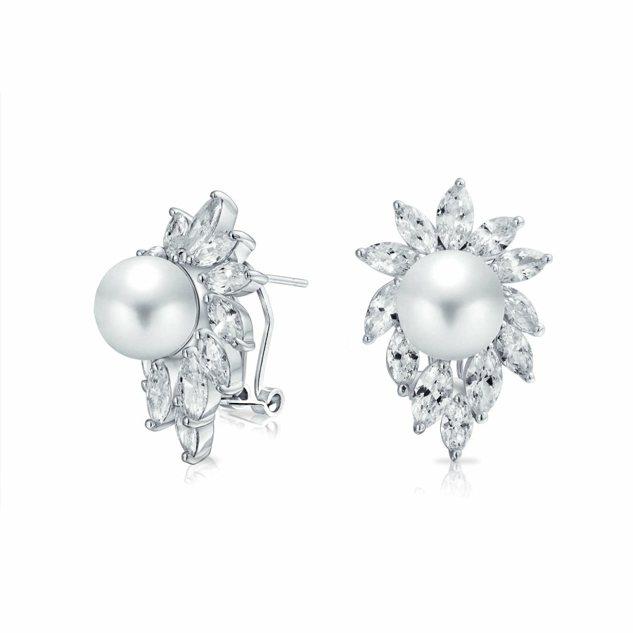 Shop Women Bling Jewelry Stud Earrings | Classic Bridal Leaf Cz White Imitation Pearl Stud Earrings Omega Back