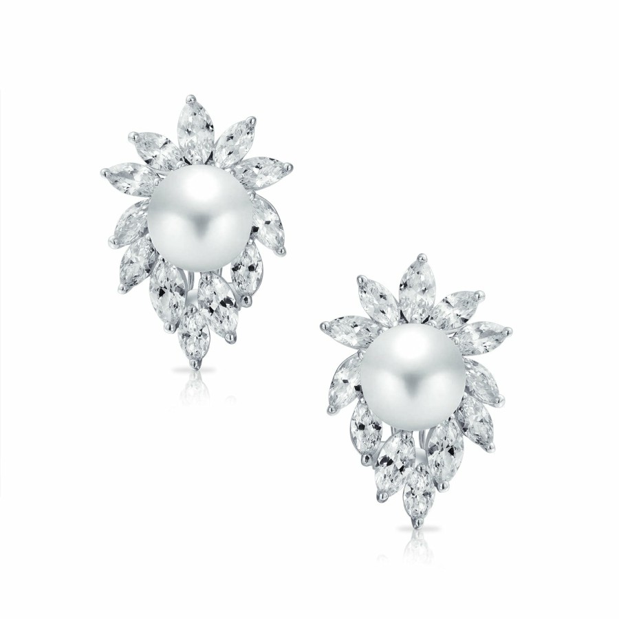 Shop Women Bling Jewelry Stud Earrings | Classic Bridal Leaf Cz White Imitation Pearl Stud Earrings Omega Back