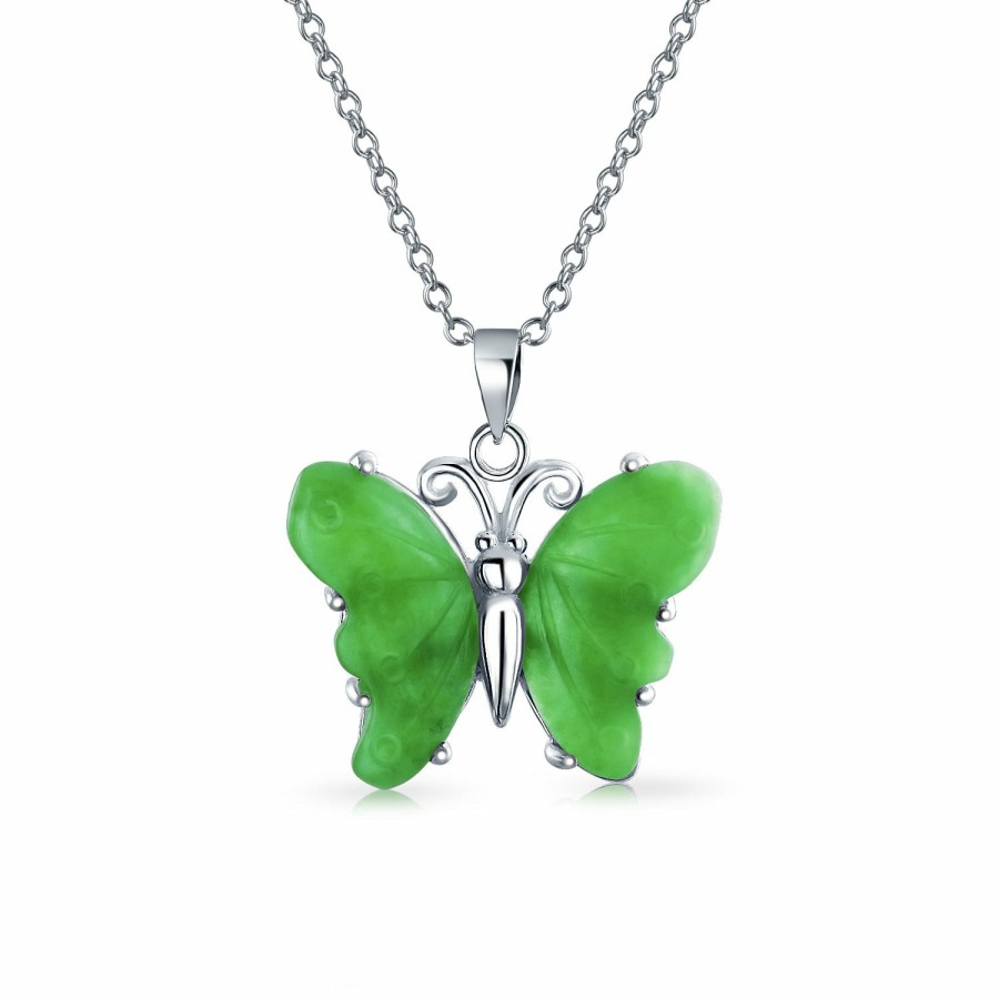 Shop Women Bling Jewelry Pendant Necklaces | Garden Butterfly Carved Green Jade Quartz Pendant Sterling Silver