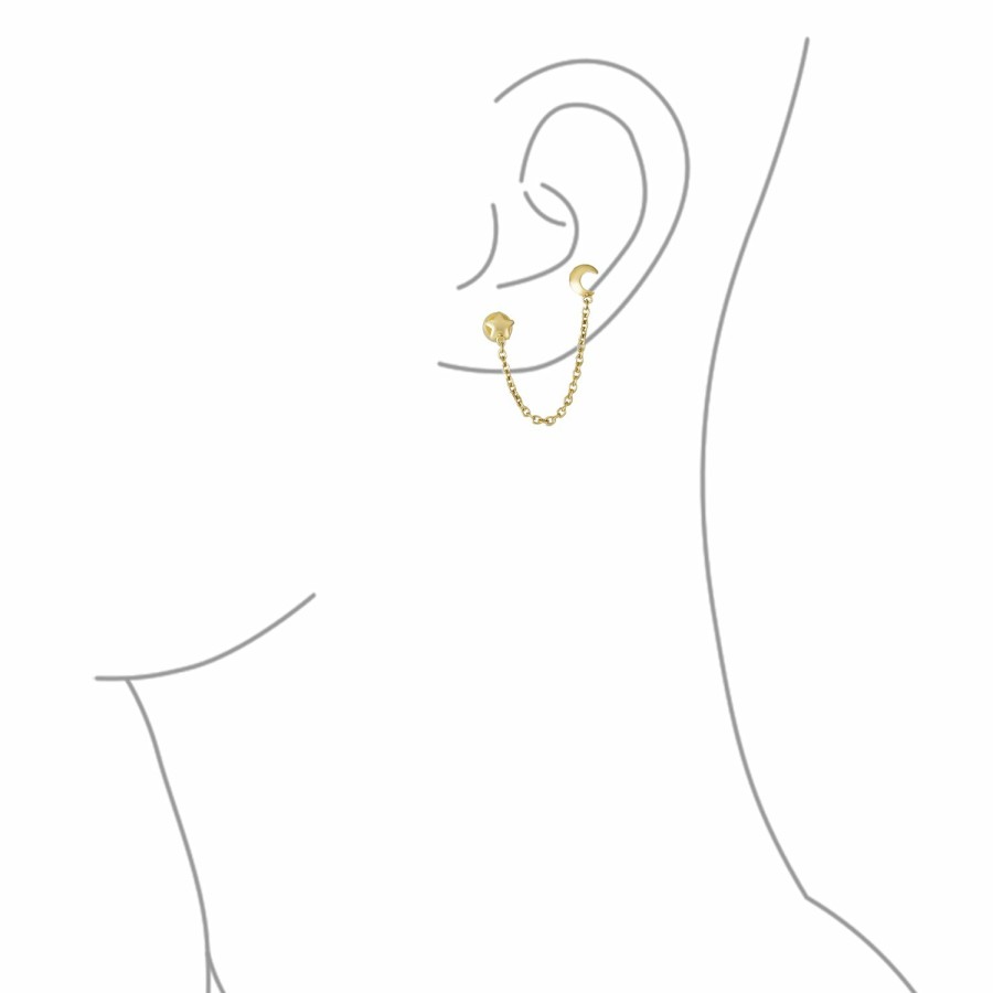 Shop Women Bling Jewelry Ear Cuffs, Cartilage Earrings | 10K Gold 2 Hole Piercing Chain Celestial Moon & Star Stud Earring 1Pc