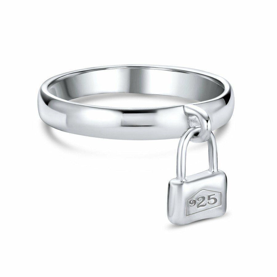 Shop Women Bling Jewelry Engravable Rings | Partners In Crime Dangle Charm Pad Lock Ring .925 Sterling 1Mm Silver