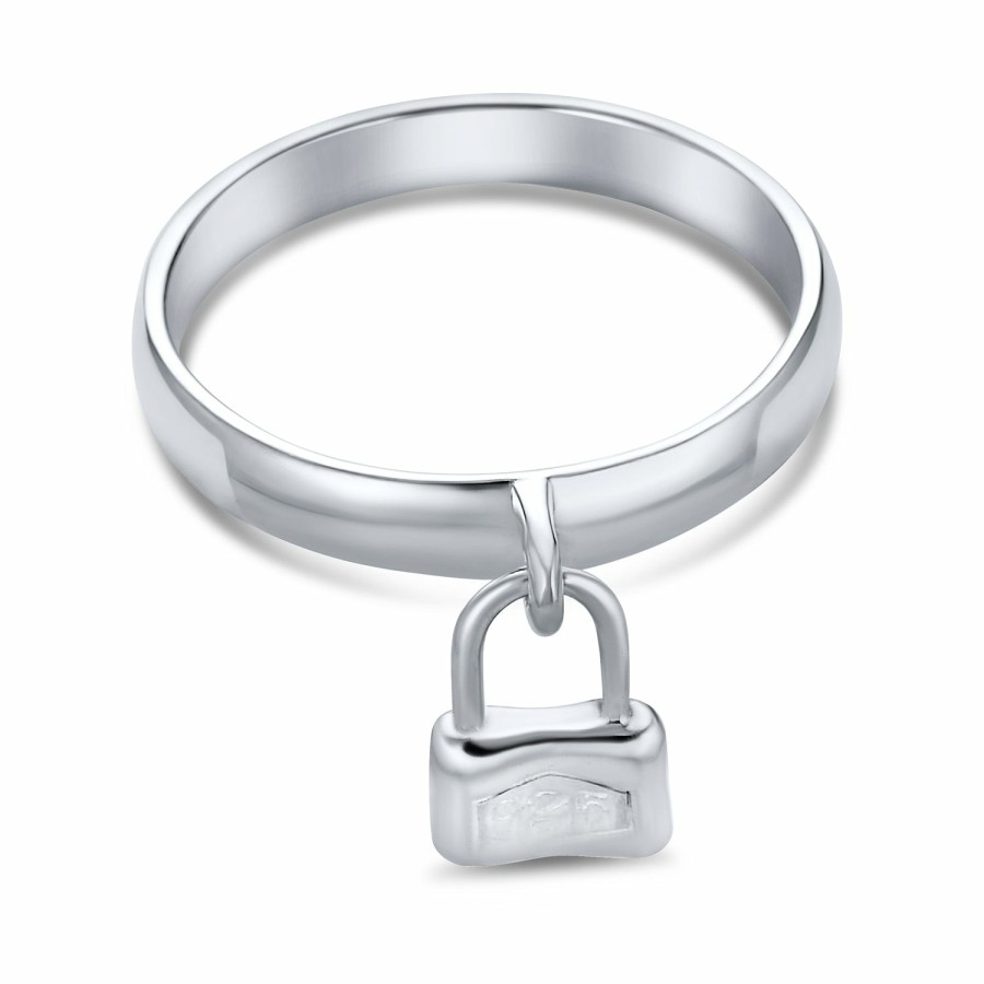 Shop Women Bling Jewelry Engravable Rings | Partners In Crime Dangle Charm Pad Lock Ring .925 Sterling 1Mm Silver