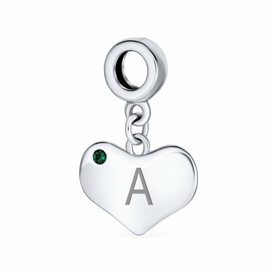 Shop Women Bling Jewelry Birthstone Beads | Emerald Green Crystal Accent Heart Shaped Dangle Bead Charm .925 Silver