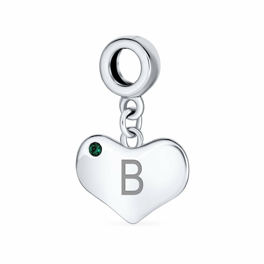 Shop Women Bling Jewelry Birthstone Beads | Emerald Green Crystal Accent Heart Shaped Dangle Bead Charm .925 Silver