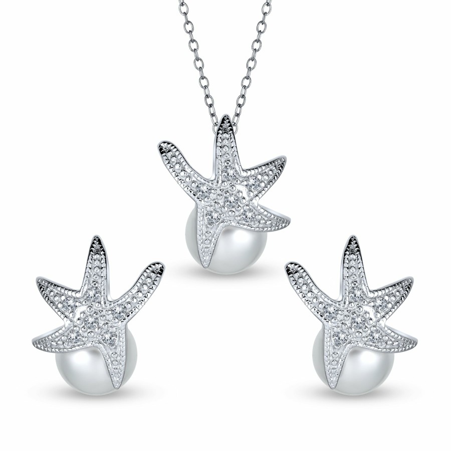 Shop Women Bling Jewelry Jewelry Sets | Beach Bridal Cz Starfish Pearl Pendant Earrings Jewelry Set .925 Sterling Silver