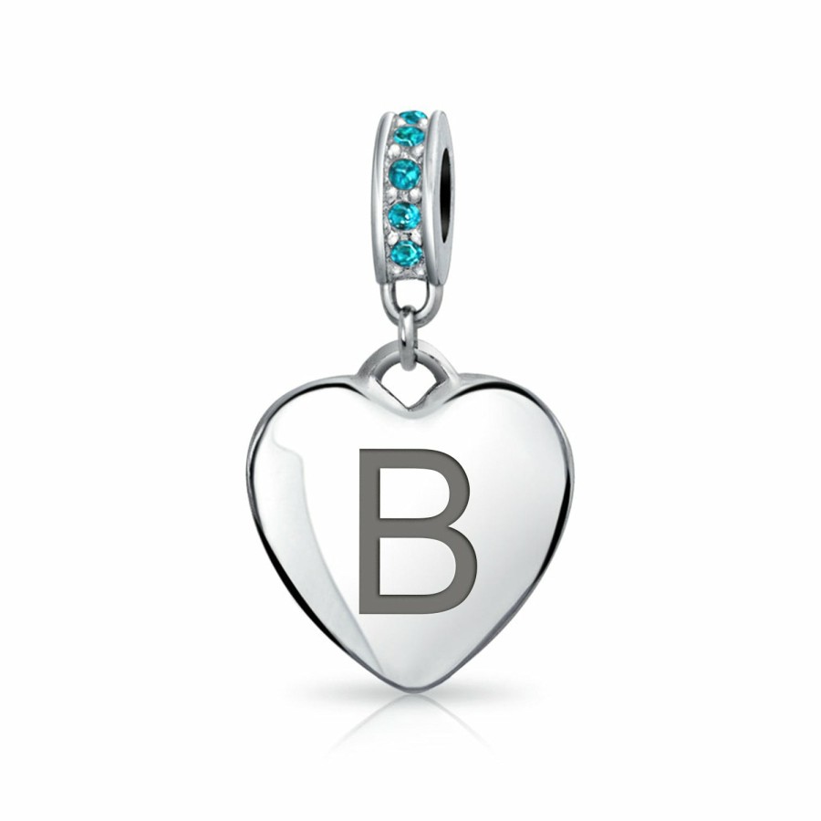 Shop Women Bling Jewelry Love Heart Beads | Heart Dangle Bead Charm Crystal Aqua Blue March .925 Sterling Silver