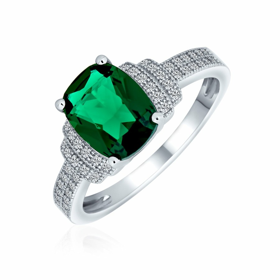 Shop Women Bling Jewelry Engravable Rings | 5Ct Statement Cz Green Imitation Emerald Cut Engagement Ring Sterling Silver