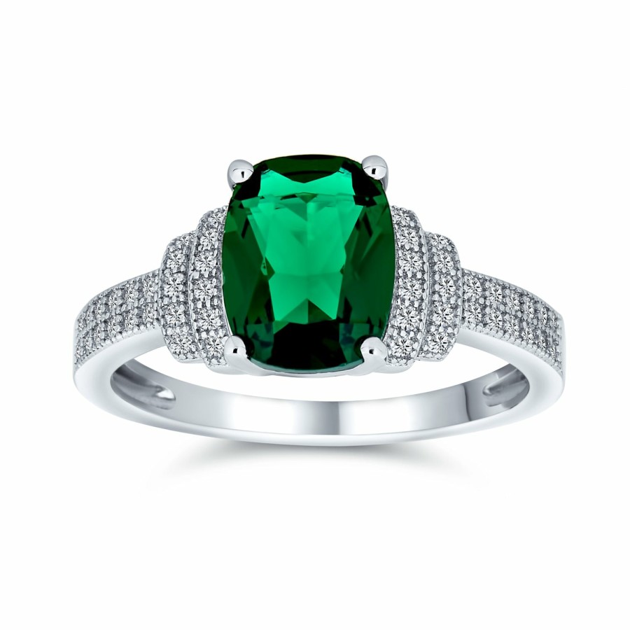 Shop Women Bling Jewelry Engravable Rings | 5Ct Statement Cz Green Imitation Emerald Cut Engagement Ring Sterling Silver