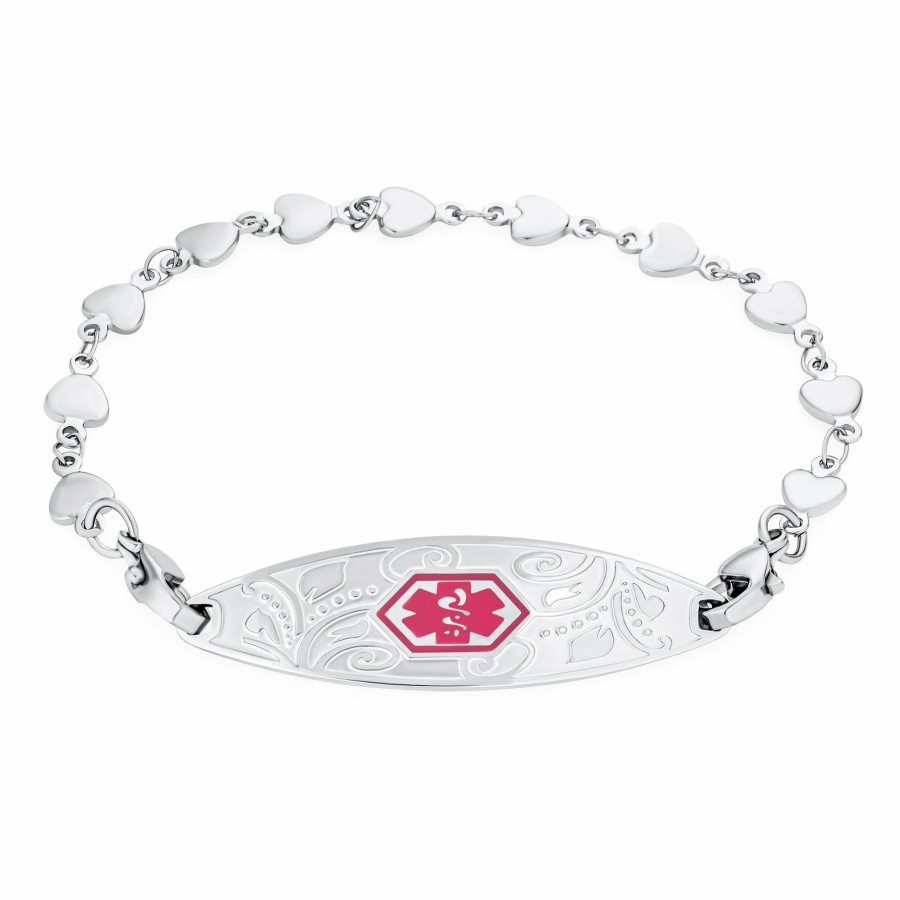 Shop Women Bling Jewelry Engravable Bracelets | Lady Personalize Pink Medical Alert Id Heart Link Bracelet Stainless