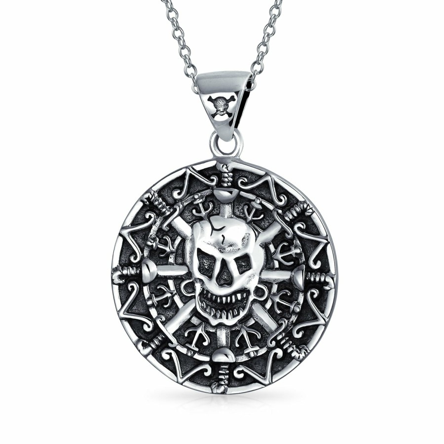 Shop Men Bling Jewelry Mens Pendants & Dog Tags | Caribbean Pirate Skull Coin Medallion Pendant Necklace Sterling Silver