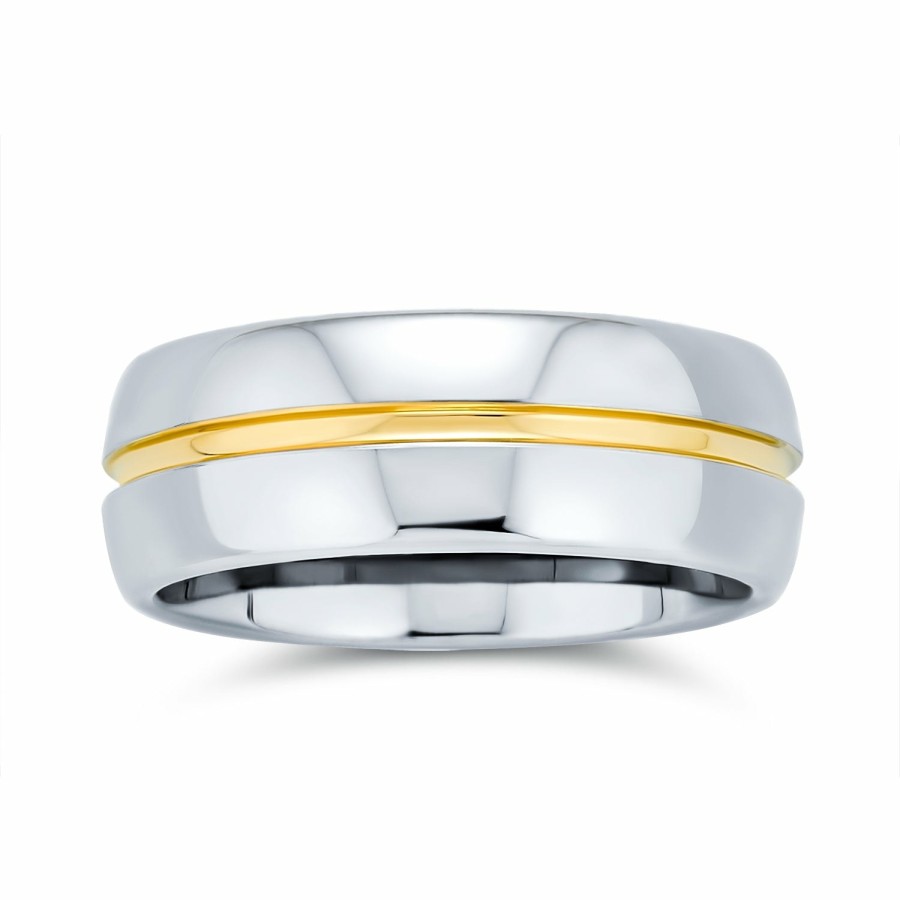 Shop Men Bling Jewelry Mens Rings | Two Tone Golden Stripe Wedding Band Gold Plated Titanium Ring 8Mm Silver