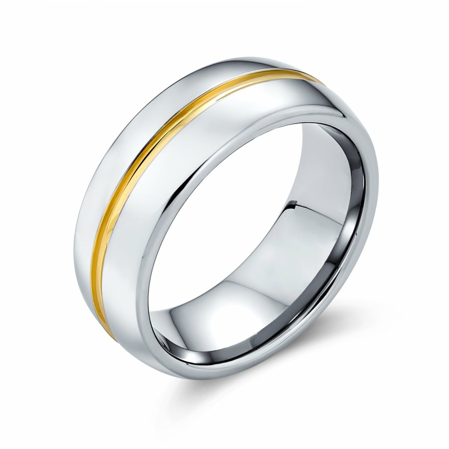 Shop Men Bling Jewelry Mens Rings | Two Tone Golden Stripe Wedding Band Gold Plated Titanium Ring 8Mm Silver