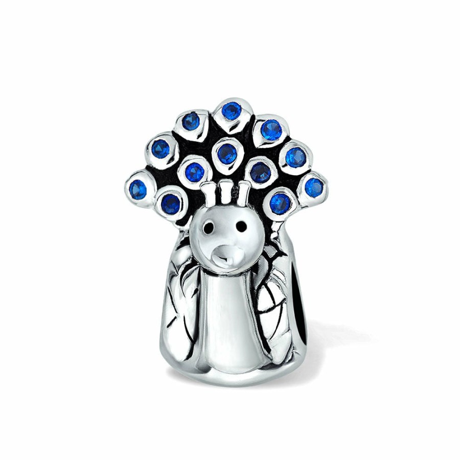 Shop Women Bling Jewelry Animal Beads | Peacock Shape Bird Royal Blue Cubic Zirconia .925 Sterling Silver