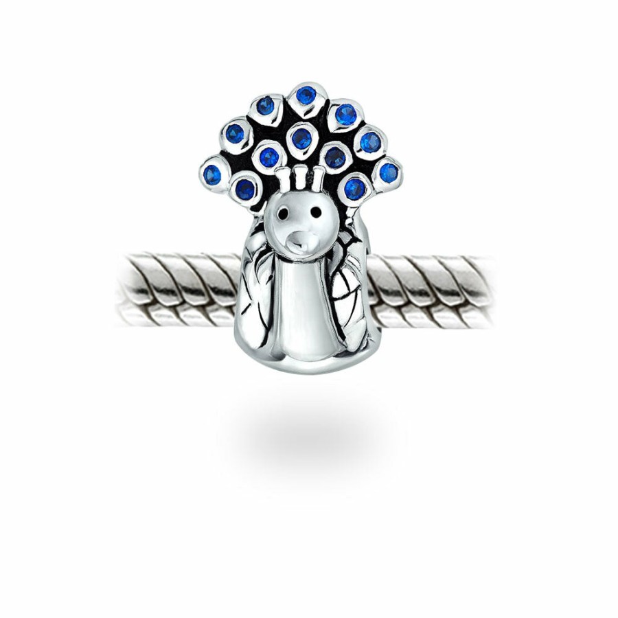 Shop Women Bling Jewelry Animal Beads | Peacock Shape Bird Royal Blue Cubic Zirconia .925 Sterling Silver