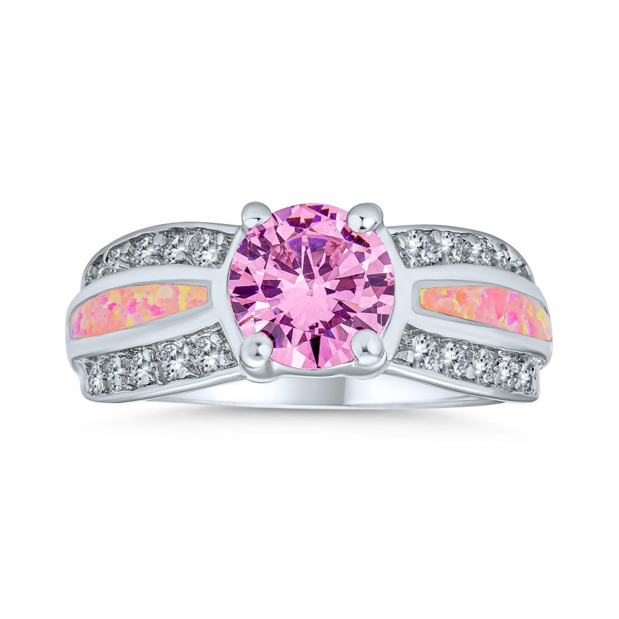 Shop Women Bling Jewelry Engravable Rings | Pink Created Opal Inlay Solitaire Engagement Ring .925 Sterling Silver