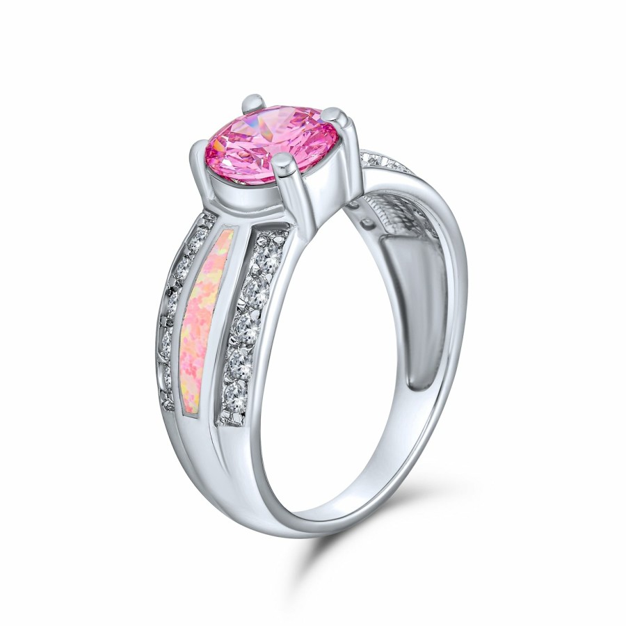 Shop Women Bling Jewelry Engravable Rings | Pink Created Opal Inlay Solitaire Engagement Ring .925 Sterling Silver