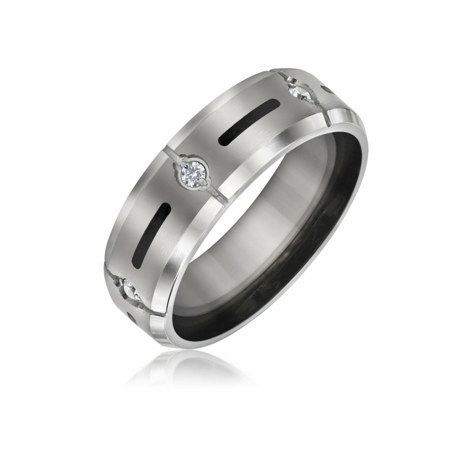 Shop Men Bling Jewelry Mens Engravable Rings | Black Inlay Aaa Cz Accent Mens Titanium Wide Wedding Band Ring 8Mm Silver